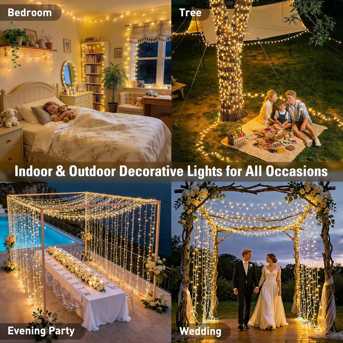 168Ft String Lights Outdoor Waterproof, 600 LED Christmas Lights | Classroom Lights Indoor Plug in for Patio Tree Room Wedding Party Christmas Pergola Decor, Remote, Clear Wire, Warm White